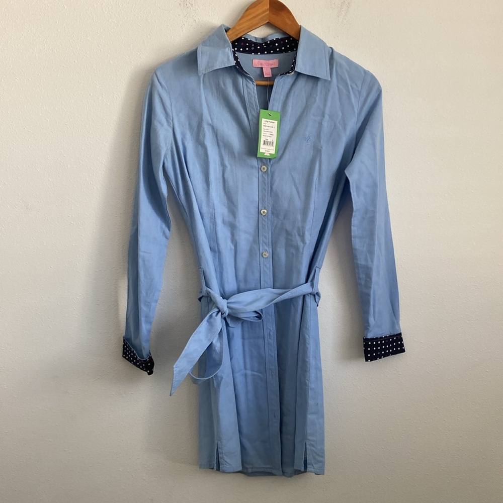 Lilly Pulitzer Light Blue Shirt Dress with Navy Polka Dot Trim